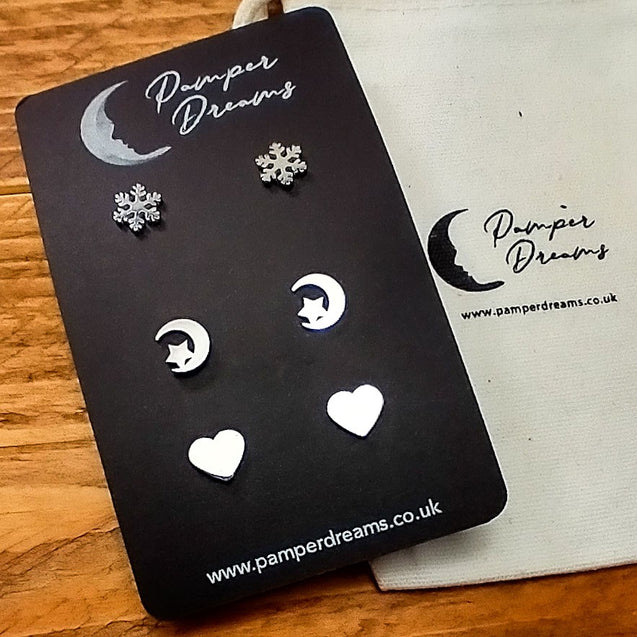Hypoallergenic Stainless Steel Earrings Set 3 Pairs Silver Colour Snowflake Mooon & Stars Hearts