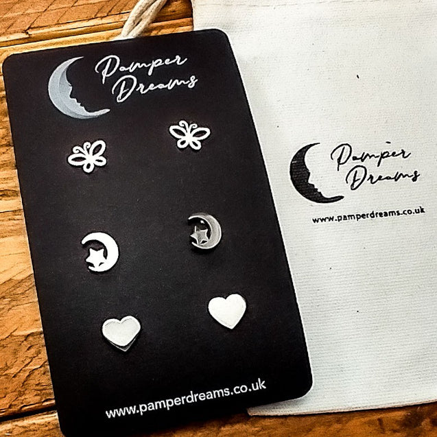 Hypoallergenic Stainless Steel Earrings Set 3 Pairs Silver Colour Butterflies Star & Moon Hearts