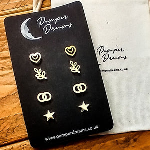 Hypoallergenic Stainless Steel Earrings Set 4 Pairs Gold Colour Dolphins Roses Butterflies & Leaf