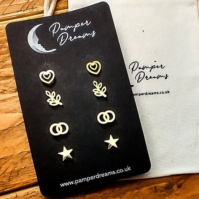 Hypoallergenic Stainless Steel Earrings Set 4 Pairs Gold Colour Dolphins Roses Butterflies & Leaf
