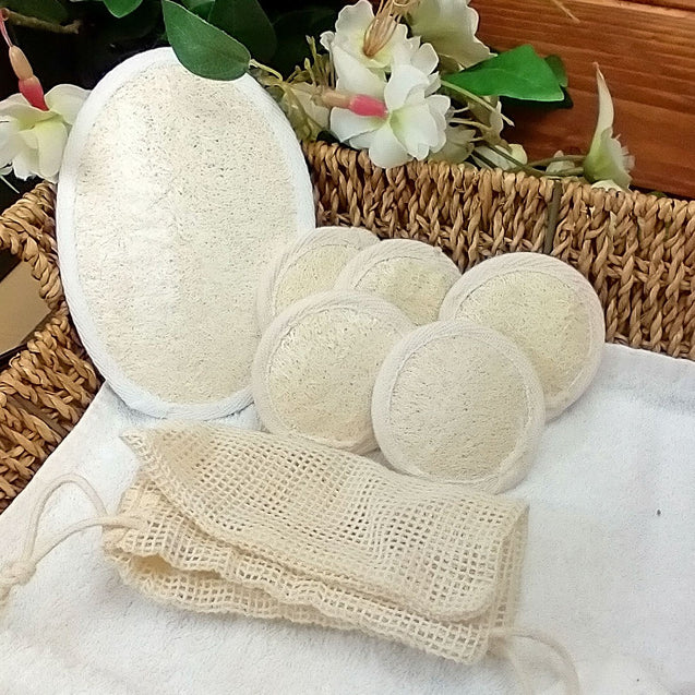 Natural Loofah Sponge 5 Facial Pads & 1 Body Scrub Pad Set