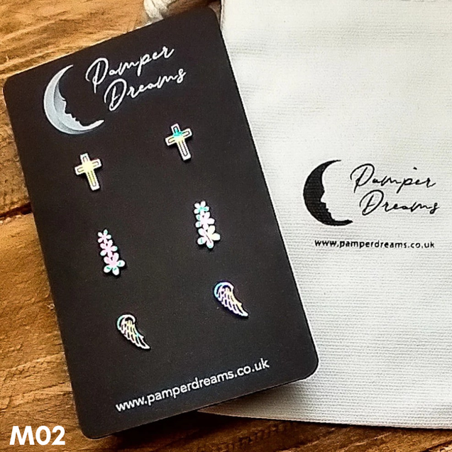 Hypoallergenic Stainless Steel Earrings Set 3 Pairs Silver/multicolour Cross Flowers & Angel Wings