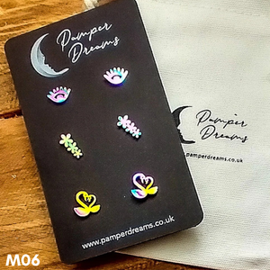 Hypoallergenic Stainless Steel Earrings Set 3 Pairs Silver/multicolour Evil Eye Flowers & Kissing Swans