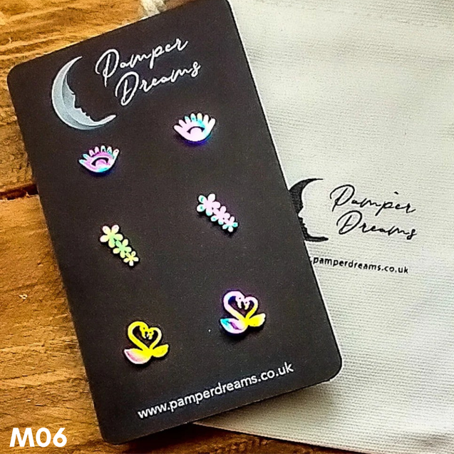 Hypoallergenic Stainless Steel Earrings Set 3 Pairs Silver/multicolour Evil Eye Flowers & Kissing Swans