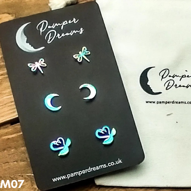 Hypoallergenic Stainless Steel Earrings Set 3 Pairs Silver/multicolour Dragonflies Moons & Kissing Swans