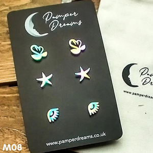 Hypoallergenic Stainless Steel Earrings Set 3 Pairs Silver/multicolour Kissing Swans Starfish & Evil Eye