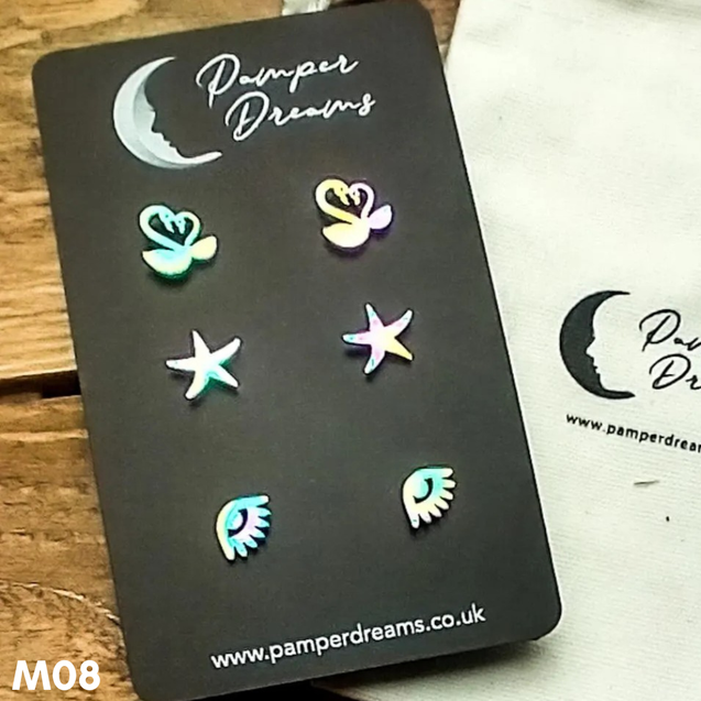 Hypoallergenic Stainless Steel Earrings Set 3 Pairs Silver/multicolour Kissing Swans Starfish & Evil Eye