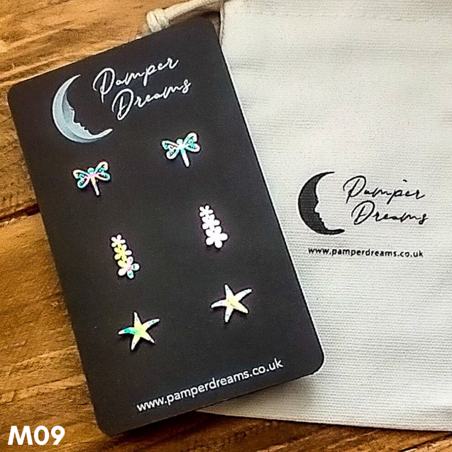 Hypoallergenic Stainless Steel Earrings Set 3 Pairs Silver/multicolour Dragonflies Flowers & Starfish