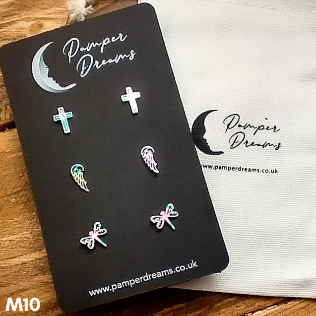 Hypoallergenic Stainless Steel Earrings Set 3 Pairs Silver/multicolour Cross Angel Wings & Dragonflies