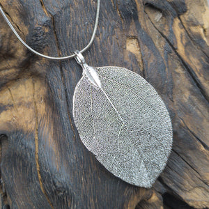 Real Leaf Statement Pendant Necklace - Silver