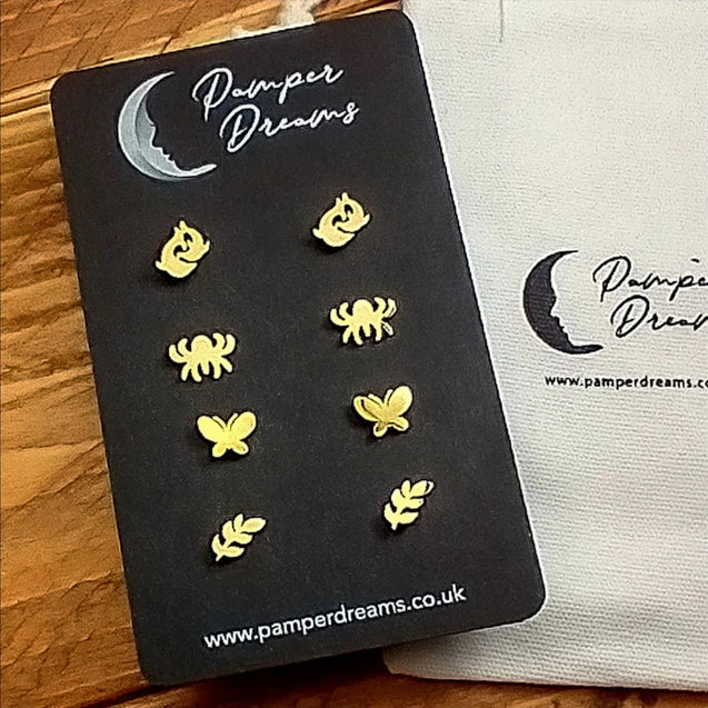Hypoallergenic Stainless Steel Earrings Set 4 Pairs Gold Colour Dolphins Spiders Butterflies & Leaf