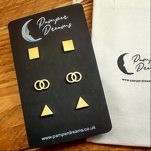 Hypoallergenic Stainless Steel Earrings Set 3 Pairs Gold Colour Squares Double Circles & Triangles