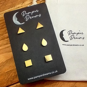 Hypoallergenic Stainless Steel Earrings Set 3 Pairs Gold Colour Triangle Teardrop & Square