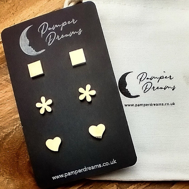 Hypoallergenic Stainless Steel Earrings Set 3 Pairs Gold Colour Squares Flowers & Hearts