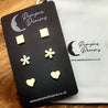 Hypoallergenic Stainless Steel Earrings Set 3 Pairs Gold Colour Squares Flowers & Hearts