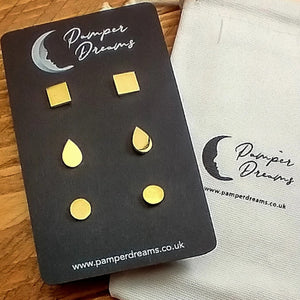 Hypoallergenic Stainless Steel Earrings Set 3 Pairs Gold Colour Square Teardrop & Round