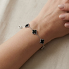 Silver Stainless Steel & Black Shell Four Leaf Clover Fashion Bracelet