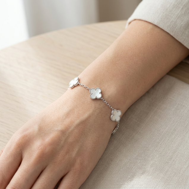 Silver Stainless Steel & White Shell Four Leaf Clover Fashion Bracelet