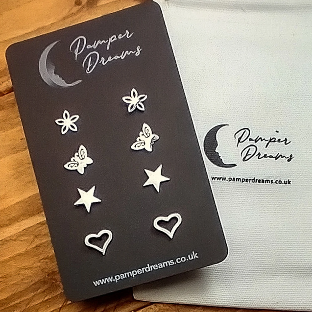Hypoallergenic Stainless Steel Earrings Set 4 Pairs Silver Colour Flowers Butterflies Stars & Hearts