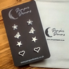 Hypoallergenic Stainless Steel Earrings Set 4 Pairs Silver Colour Flowers Butterflies Stars & Hearts