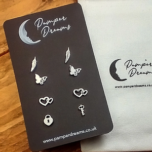 Hypoallergenic Stainless Steel Earrings Set 4 Pairs Silver Colour Feathers Butterflies Hearts Padlock & Key