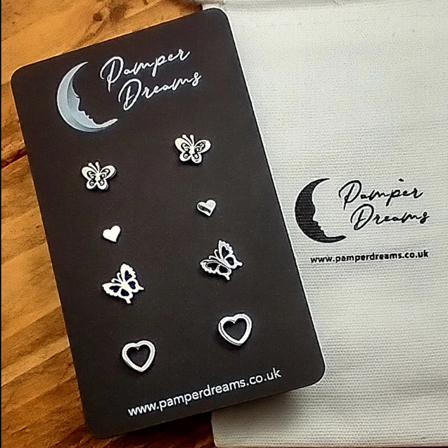 Hypoallergenic Stainless Steel Earrings Set 4 Pairs Silver Colour Butterflies & Hearts