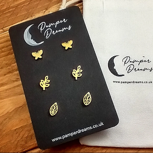 Hypoallergenic Stainless Steel Earrings Set 3 Pairs Gold Colour Butterflies Branches & Open Leaves