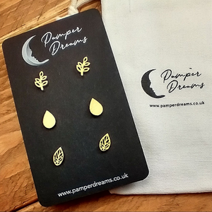 Hypoallergenic Stainless Steel Earrings Set 3 Pairs Gold Colour Branches Teardrops & Open Leaves