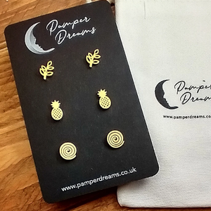 Hypoallergenic Stainless Steel Earrings Set 3 Pairs Gold Colour Branches Pineapples & Scrolls