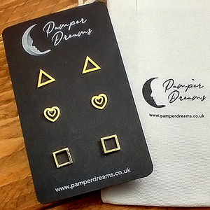 Hypoallergenic Stainless Steel Earrings Set 3 Pairs Gold Colour Triangles Hearts & Squares