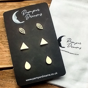 Hypoallergenic Stainless Steel Earrings Set 3 Pairs Gold Colour Leaves Triangles & Teardrops