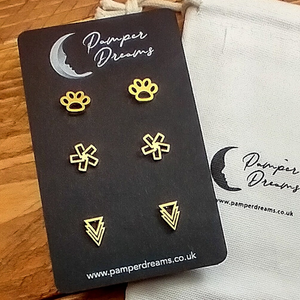 Hypoallergenic Stainless Steel Earrings Set 3 Pairs Gold Colour Paw Prints Square Flowers & Chevrons