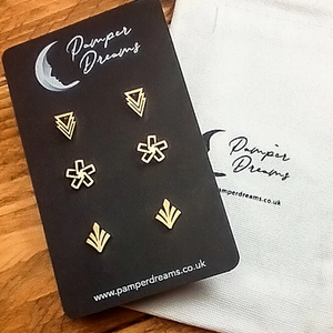 Hypoallergenic Stainless Steel Earrings Set 3 Pairs Gold Colour Chevrons Square Flowers & Fleur De Leys
