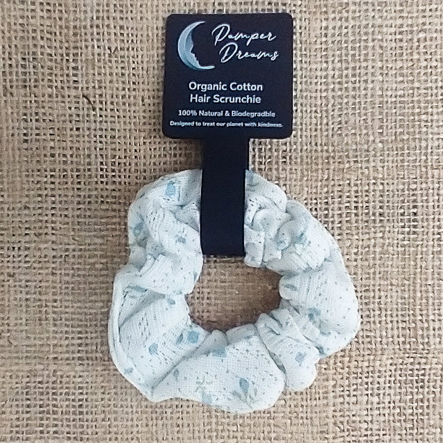 Cream & Blue Floral Design Organic Cotton Eco-Friendly Hair Scrunchies - Pamper Dreams