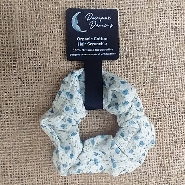Blue & Cream Floral Design Organic Cotton Eco-Friendly Hair Scrunchies - Pamper Dreams