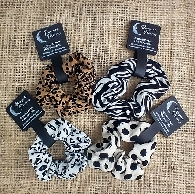 Set Of 4 Animal Print Organic Cotton Eco-Friendly Hair Scrunchies - Pamper Dreams
