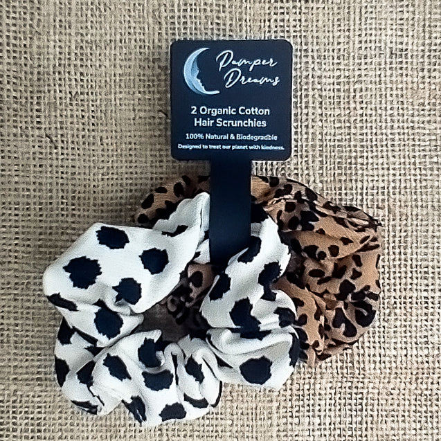 Set Of 2 Bronze & Cream Animal Print Organic Cotton Eco-Friendly Hair Scrunchies - Pamper Dreams