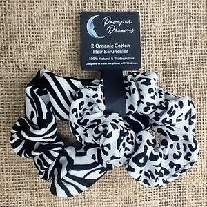 Set Of 2 Black & White Animal Print Organic Cotton Eco-Friendly Hair Scrunchies - Pamper Dreams