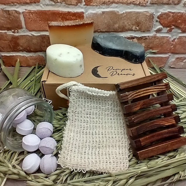 Lavender Body And Feet Pamper Gift Set With Dark Wood Soap Rack