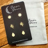 Hypoallergenic Stainless Steel Earrings Set 3 Pairs Gold Colour Sunflowers Leaves & Teardrops