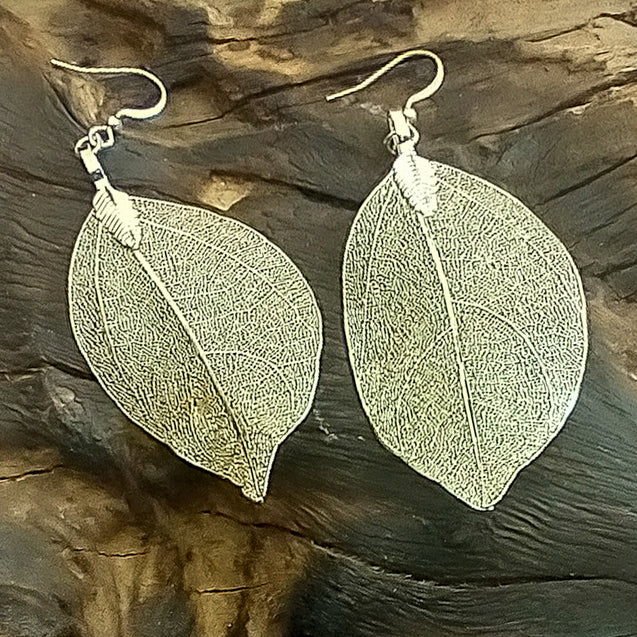 Real Leaf Statement Drop Earrings - Gold