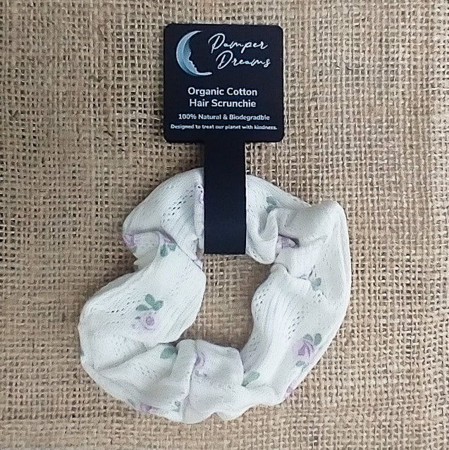 Lilac & Cream Floral Design Organic Cotton Eco-Friendly Hair Scrunchies - Pamper Dreams